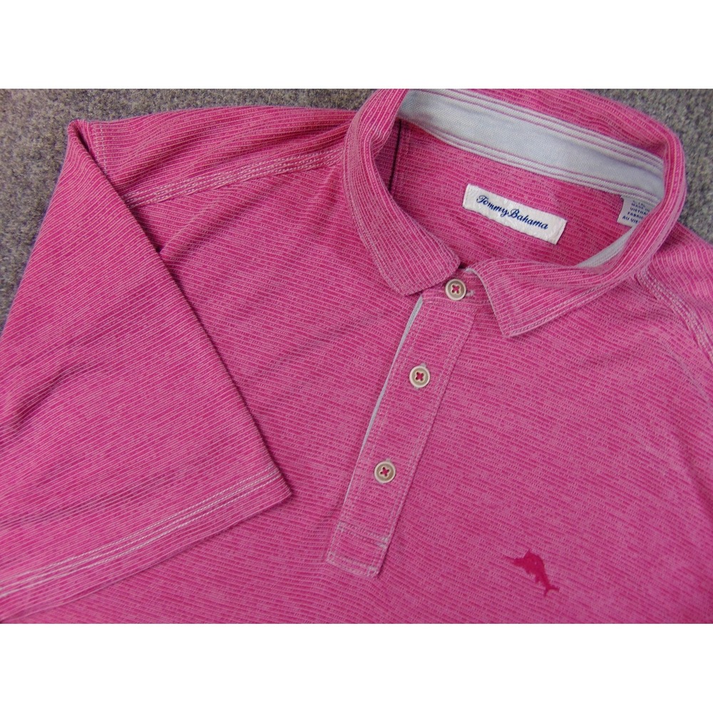 Tommy Bahama Polo Shirt‎ Mens Large Pink Striped Short Sleeve Island Coastal